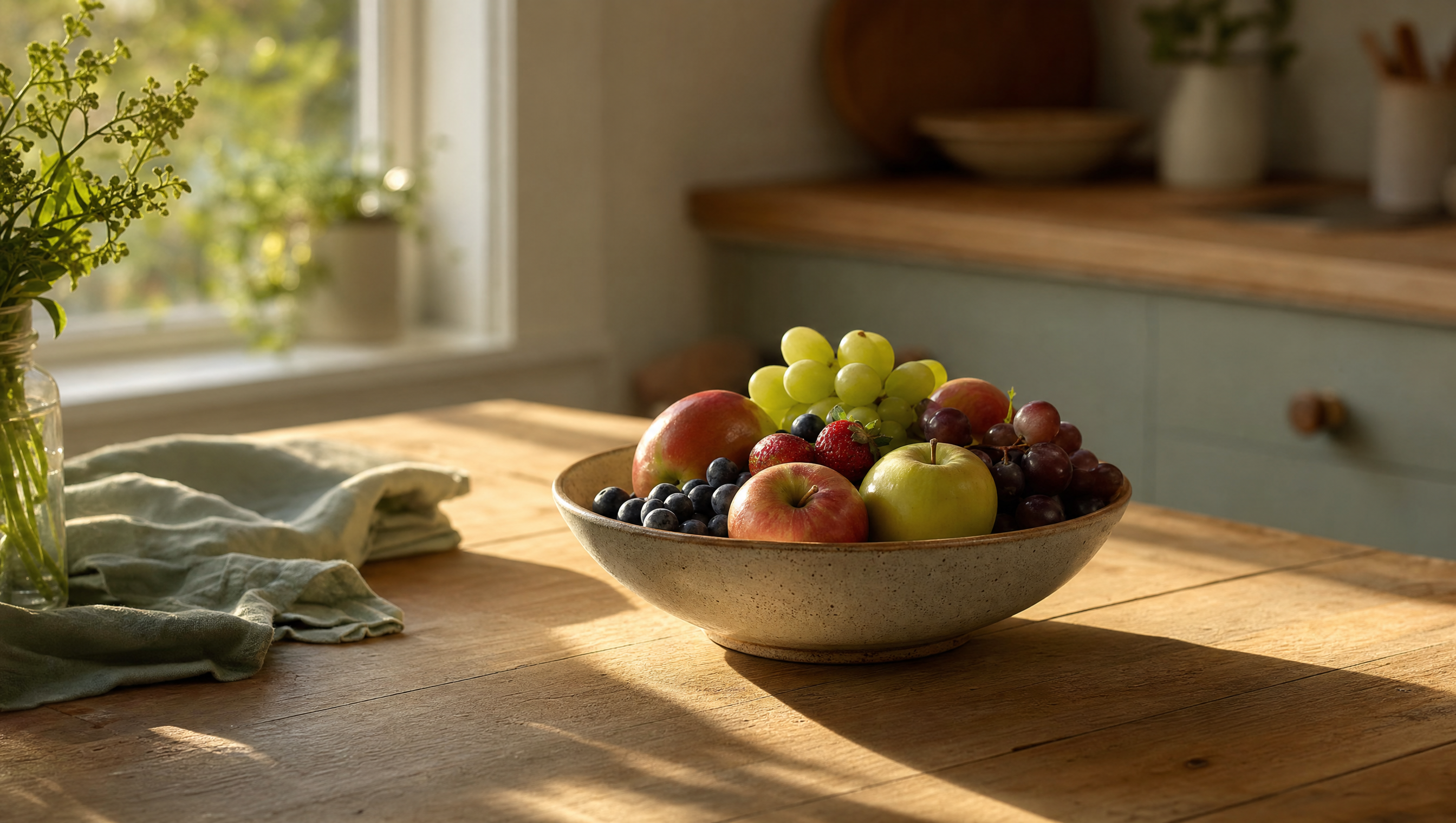 A bowl of fresh apples, grapes, blueberries and strawberries on a wooden kitchen table in morning light, no people in frame