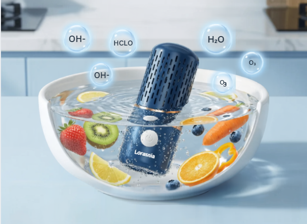 Lorastia FreshGuard device submerged in a bowl of water with fresh produce